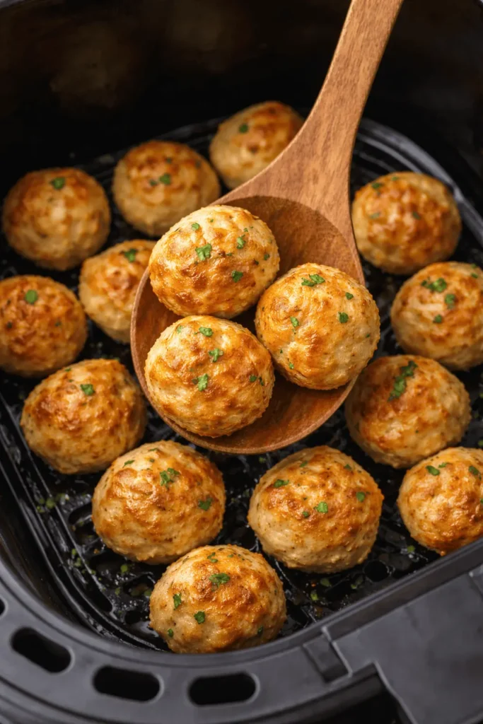 Air Fryer Hähnchen Fleischbällchen in einem Air Fryer Korb, mit einer Holzlöffel, der die goldbraunen Fleischbällchen aufnimmt und von weiteren umgeben ist.