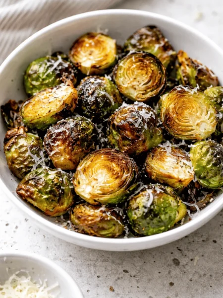 Knusprig gerösteter Air Fryer Rosenkohl aus der Heißluftfritteuse in einer weißen Schüssel, mit geriebenem Parmesan bestreut.