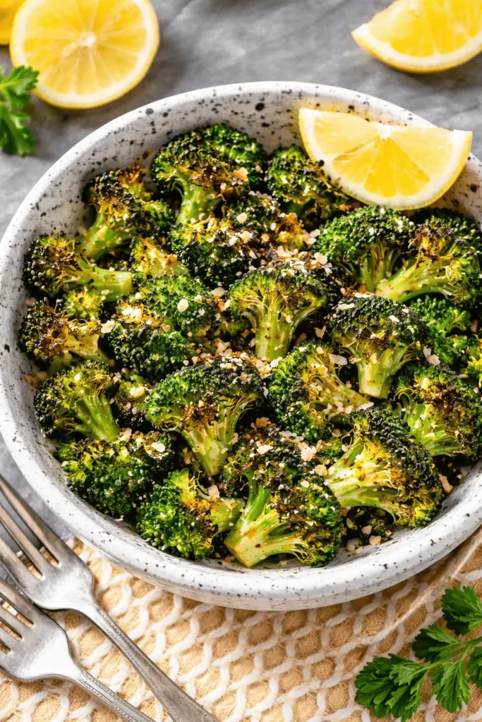 Nahaufnahme eines weißen, gesprenkelten Schalen mit knusprigem Air fryer Brokkoli, garniert mit Zitronenscheiben und Parmesan.