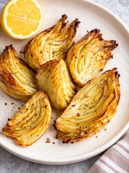 Knusprig gerösteter Airfryer Fenchel auf hellem Teller mit halber Zitrone