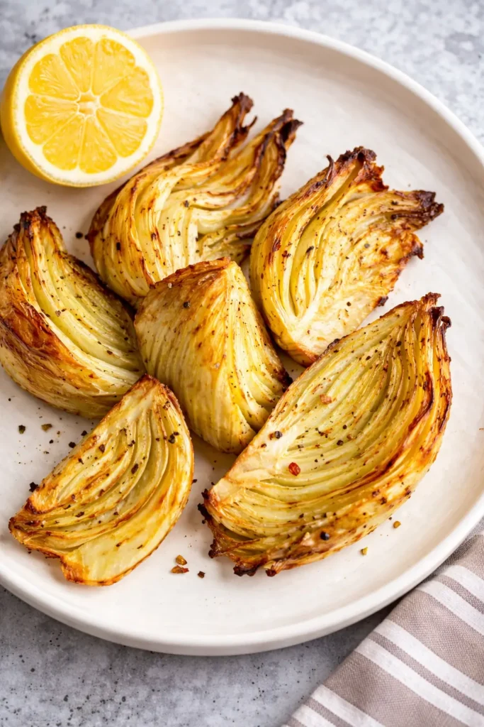 Knusprig gerösteter Airfryer Fenchel auf hellem Teller mit halber Zitrone