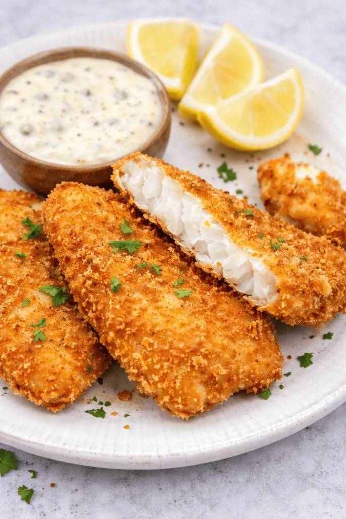 Knuspriger Airfryer Fisch mit Zitronenspalten und cremigem Dip auf hellem Teller