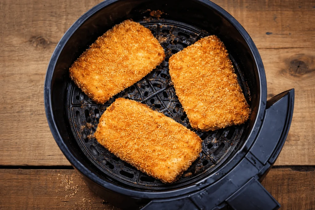 Knusprige panierte Fischfilets im Airfryer-Korb von oben fotografiert