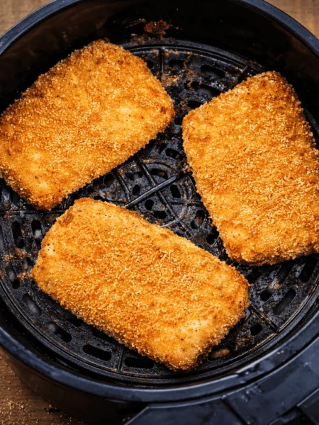 Knusprige panierte Fischfilets im Airfryer-Korb von oben fotografiert
