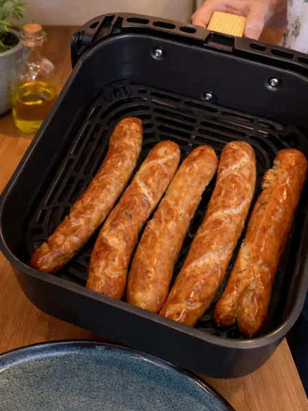Bratwurst im Airfryer – Eine Person hält einen schwarzen Airfryer-Korb mit perfekt gegrillten Bratwürsten, umgeben von einer warmen, einladenden Küchenumgebung.
