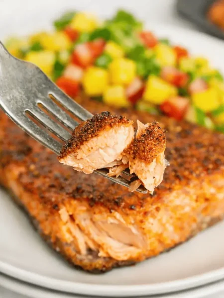 Nahaufnahme einer Gabel mit einem saftigen Stück Forelle im Airfryer mit knuspriger Gewürzkruste, im Hintergrund ein ganzes Filet mit frischer Salsa und Limettenspalte auf einem weißen Teller.