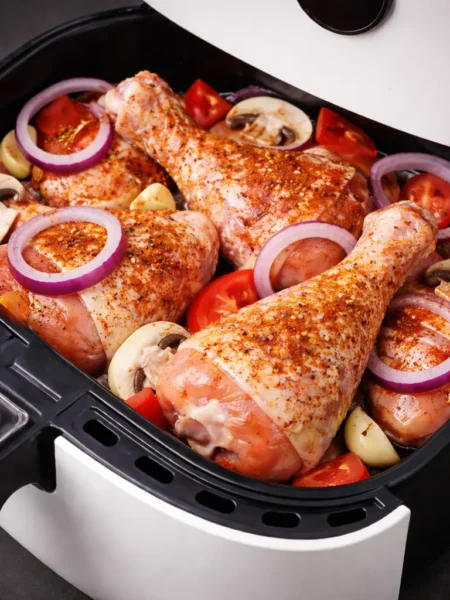 Eine Nahaufnahme von Hähnchenschenkel im Airfryer , gewürzt mit Paprika, schwarzem Pfeffer und Chiliflocken, umgeben von roten Zwiebelscheiben, Pilzen und Tomaten.