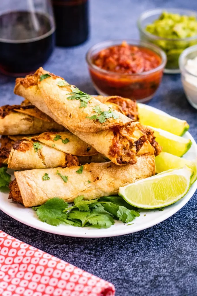 Eine Nahaufnahme von einem Teller mit knusprigen Hähnchen-Taquitos, garniert mit Koriander und Limettenstücken, serviert mit Salsa, Guacamole und Sauerrahm im Hintergrund.