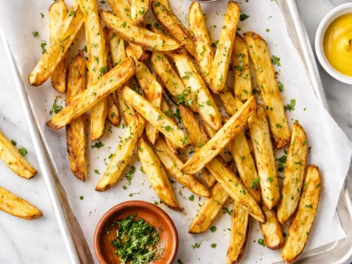 Knusprige Pommes Airfryer auf einem Backblech mit Ketchup, Senf und Aioli von oben fotografiert