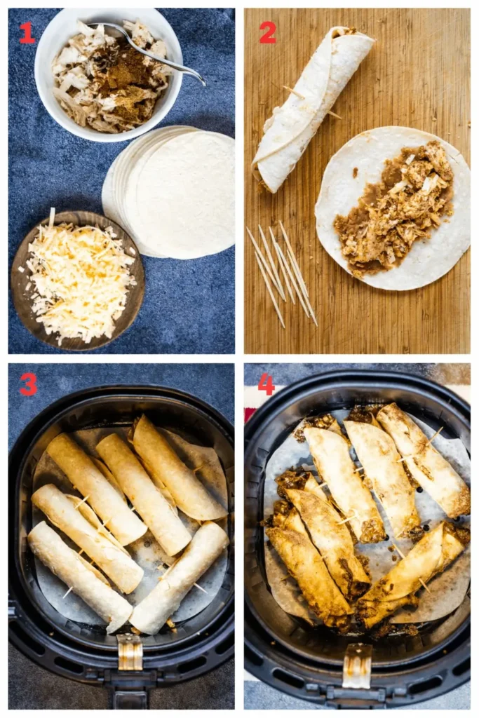 Eine Collage aus vier nacheinander nummerierten Fotos, die den Prozess der Zubereitung von Taquitos im Airfryer zeigt – von der Vorbereitung der Zutaten bis hin zum knusprigen goldbraunen Ergebnis.
