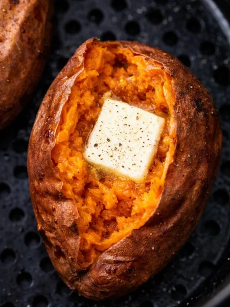 Süßkartoffel im Airfryer mit knuspriger Schale und weichem Inneren, serviert mit geschmolzener Butter