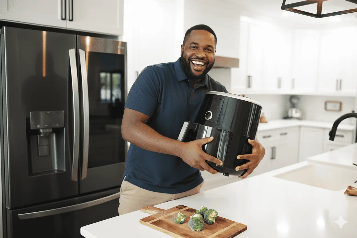 in Mann in einem blauen Poloshirt hält einen Airfryer in seiner Küche, bereit, das Gerät zum Zubereiten von Brokkoli zu verwenden. Airfryer Rezepte bieten eine schnelle und gesunde Kochmöglichkeit.