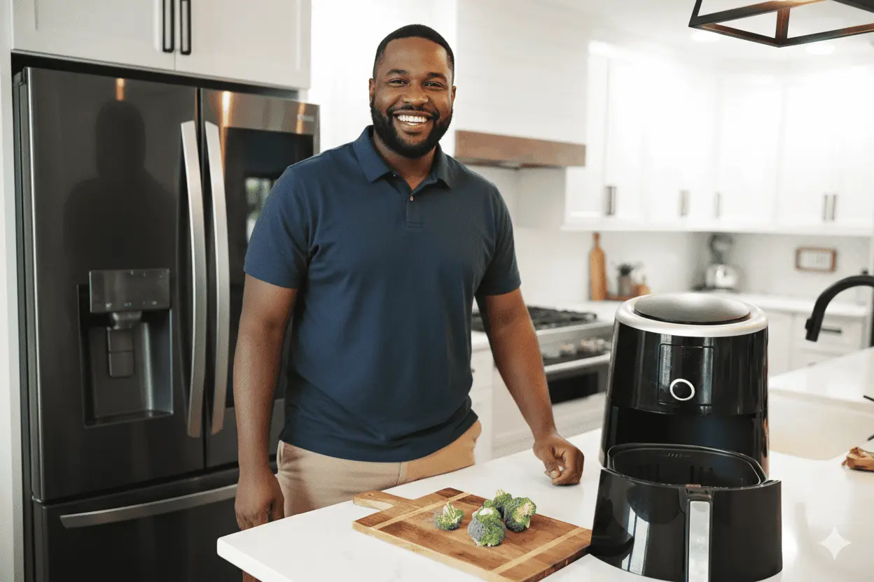 Ein Mann in einem blauen Poloshirt steht in einer modernen Küche und lächelt. Er ist dabei, Brokkoli in einen Airfryer zu geben. Das Bild zeigt, wie einfach es ist, gesunde Airfryer Rezepte zuzubereiten.