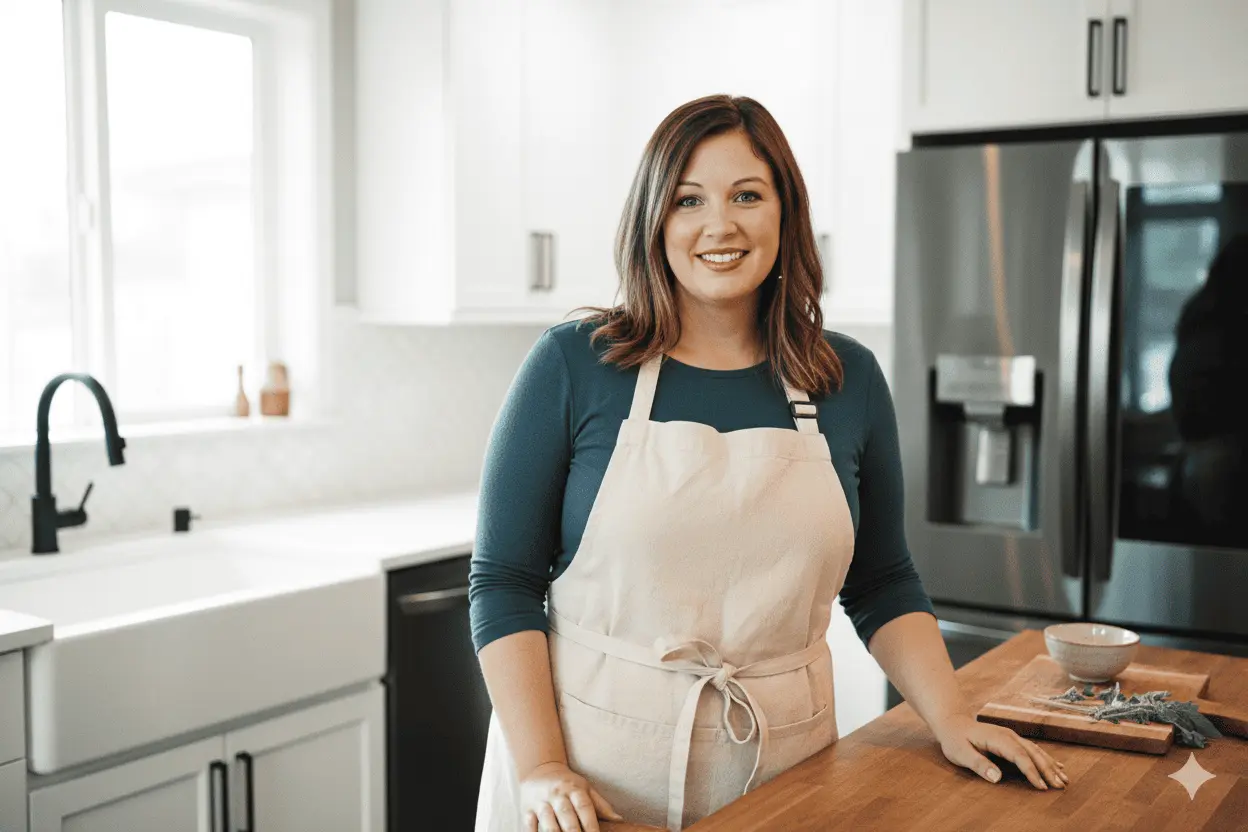 Eine Frau in einer modernen Küche trägt ein helles Schürze und steht vor einer Holzarbeitsplatte. Sie lächelt und ist bereit, ein leckeres Airfryer Rezept zuzubereiten.