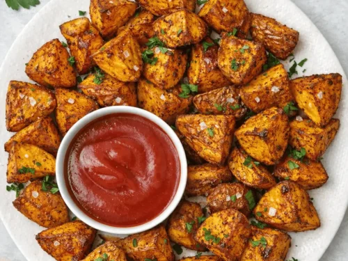 Knusprige bratkartoffeln im airfryer mit Gewürzen und Dip auf einem Teller