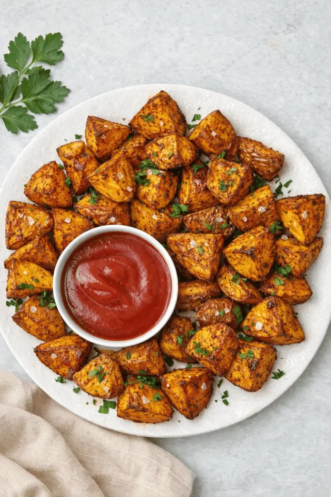 Knusprige bratkartoffeln im airfryer mit Gewürzen und Dip auf einem Teller
