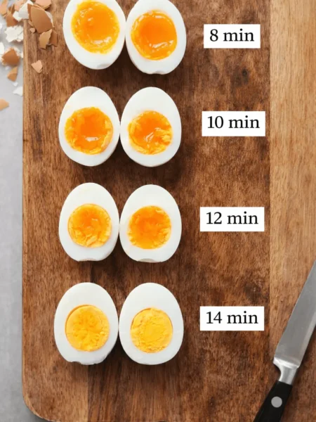 Halbierte Eier im Airfryer auf Holzbrett mit unterschiedlichen Garstufen von weich bis hart und Zeitangaben.