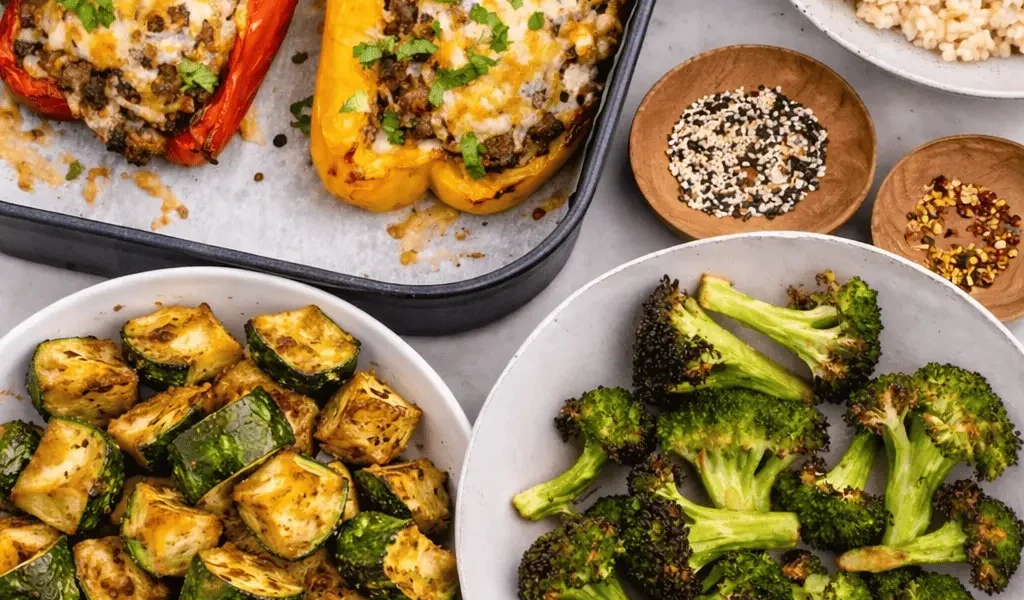 Gemüse im Airfryer mit gefüllten Paprika, knuspriger Zucchini und geröstetem Brokkoli auf Tellern angerichtet