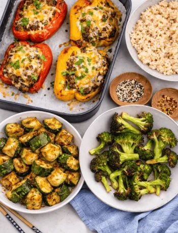 Gemüse im Airfryer mit gefüllten Paprika, knuspriger Zucchini und geröstetem Brokkoli auf Tellern angerichtet