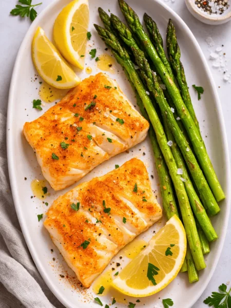 Airfryer Kabeljau Filets mit grünem Spargel und Zitronenspalten auf weißem Teller angerichtet