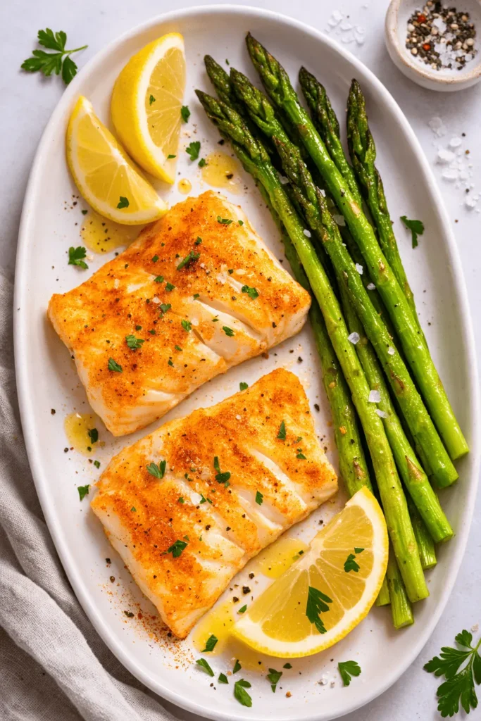 Airfryer Kabeljau Filets mit grünem Spargel und Zitronenspalten auf weißem Teller angerichtet