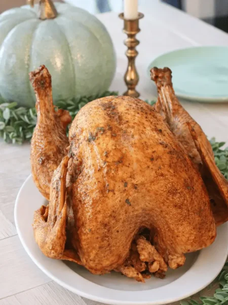 Goldbraun gebratener AirFryer Truthahn auf einem Servierteller mit herbstlicher Tischdekoration