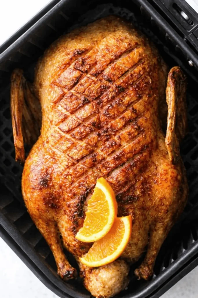 Knusprige, goldbraune Airfryer Ente in einem schwarzen Korb, garniert mit frischen Orangenscheiben.