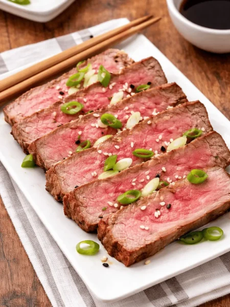 Saftig gebratenes Airfryer Thunfischsteak in Scheiben geschnitten mit Sesam und Frühlingszwiebeln auf weißem Teller