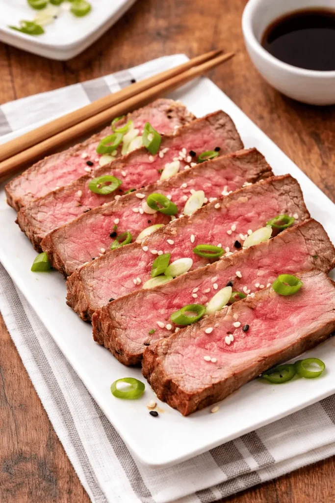 Saftig gebratenes Airfryer Thunfischsteak in Scheiben geschnitten mit Sesam und Frühlingszwiebeln auf weißem Teller