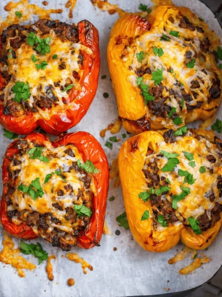 Airfryer gefüllte Paprika mit Hackfleisch und geschmolzenem Käse, im Korb der Heißluftfritteuse gebacken und mit frischer Petersilie garniert.