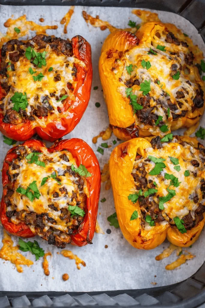 Airfryer gefüllte Paprika mit Hackfleisch und geschmolzenem Käse, im Korb der Heißluftfritteuse gebacken und mit frischer Petersilie garniert.