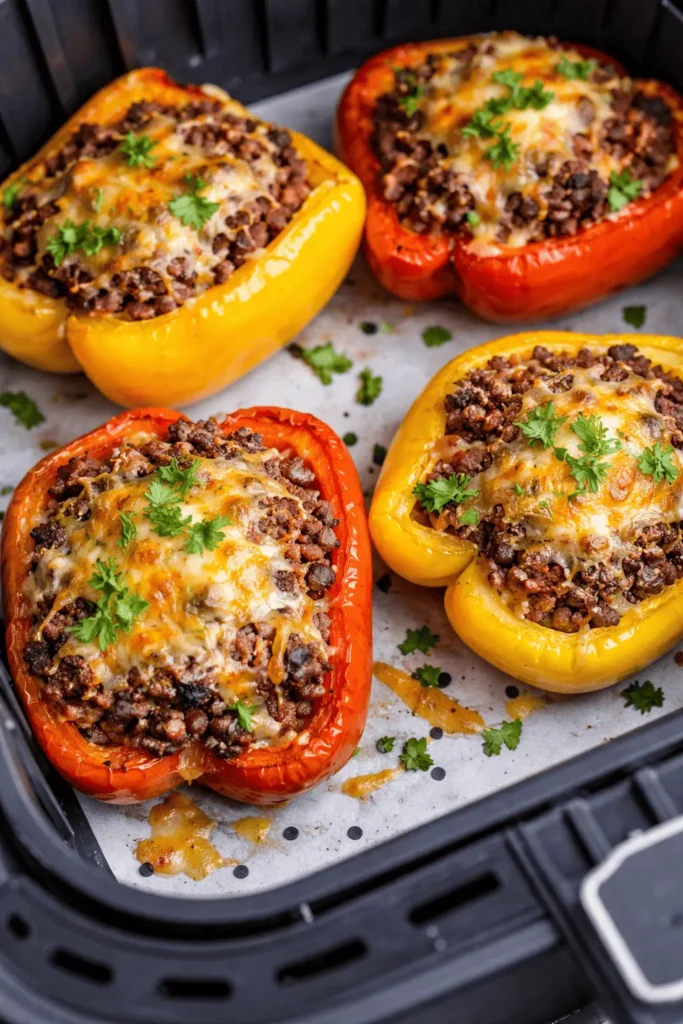Überbackene gefüllte Paprika mit Hackfleisch und geschmolzenem Käse im Airfryer-Korb.