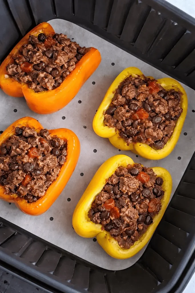 Gefüllte Paprika mit Hackfleisch und schwarzen Bohnen im Korb der Heißluftfritteuse vor dem Garen.