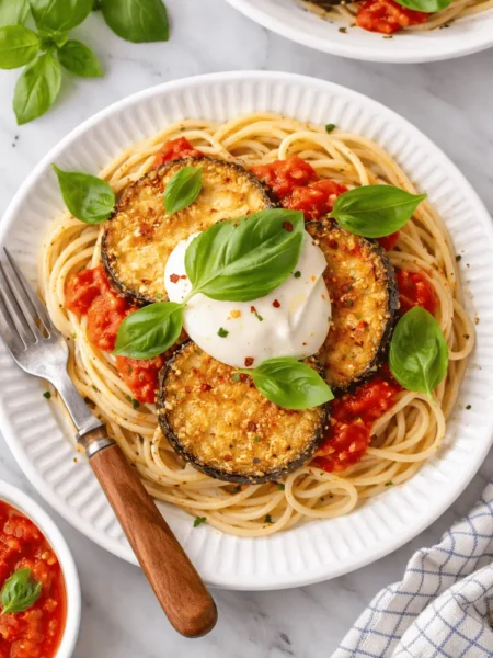 Spaghetti mit Tomatensauce, knusprigen Auberginen airfryer und Burrata, garniert mit frischem Basilikum.