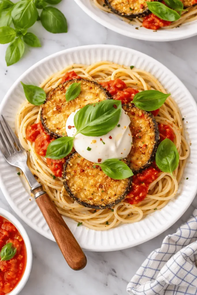 Spaghetti mit Tomatensauce, knusprigen Auberginen airfryer und Burrata, garniert mit frischem Basilikum.