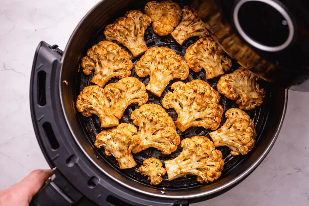 Gewürzter Blumenkohl aus der Heißluftfritteuse im Korb vor dem Garen von oben fotografiert