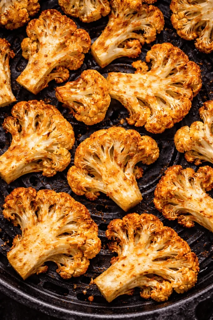 Knusprig gebackener Blumenkohl aus der Heißluftfritteuse mit goldbraunen Rändern im Korb