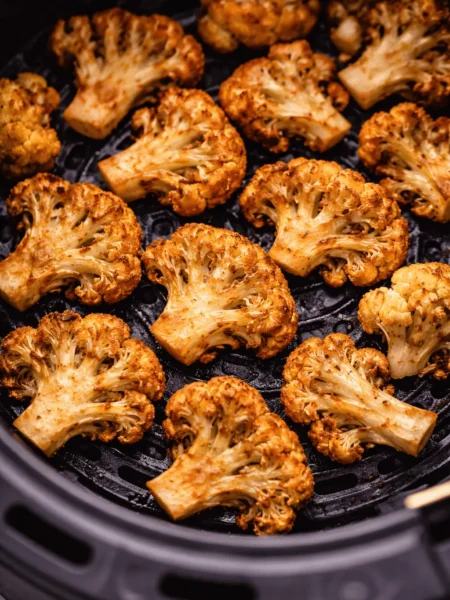 Knusprig gerösteter Blumenkohl aus der Heißluftfritteuse mit goldbrauner Kruste und Gewürzen