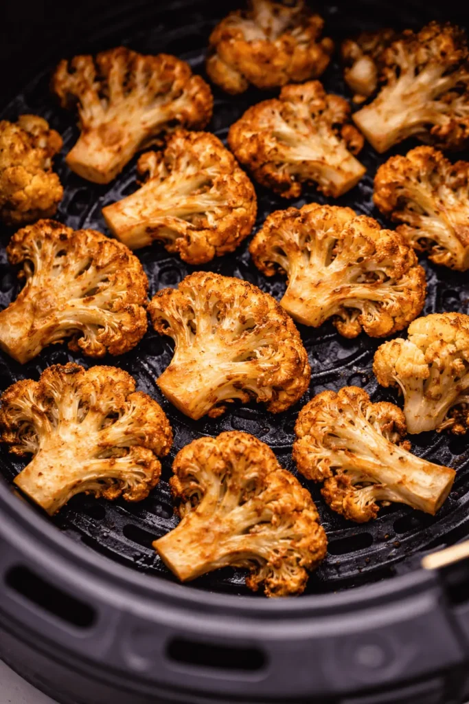 Knusprig gerösteter Blumenkohl aus der Heißluftfritteuse mit goldbrauner Kruste und Gewürzen