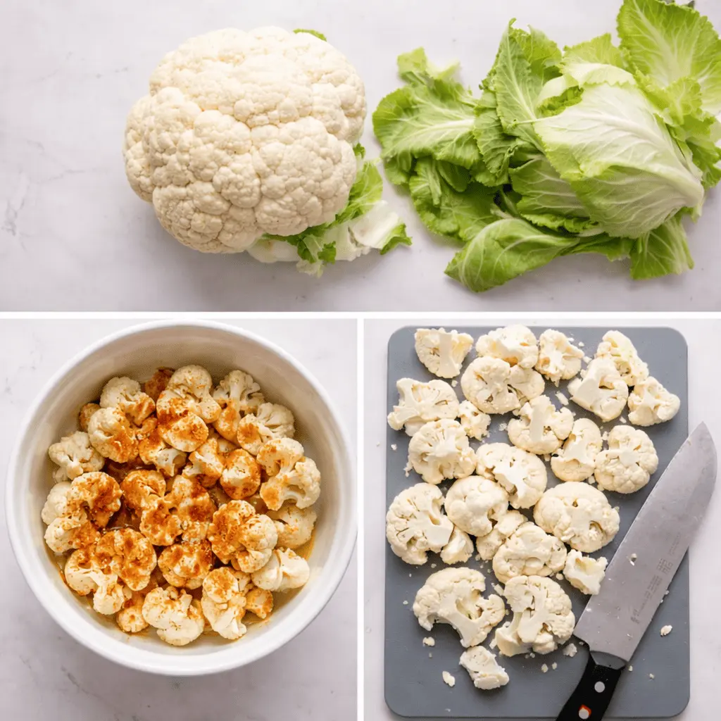 Schritte zur Zubereitung von Blumenkohl: ganzer Kopf, geschnittene Röschen und gewürzter Blumenkohl in einer Schüssel