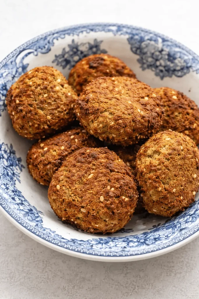 falafel airfryer ​, goldbraun und knusprig, mit Kräutern und Sesam in einem modernen schwarzen Airfryer-Korb
