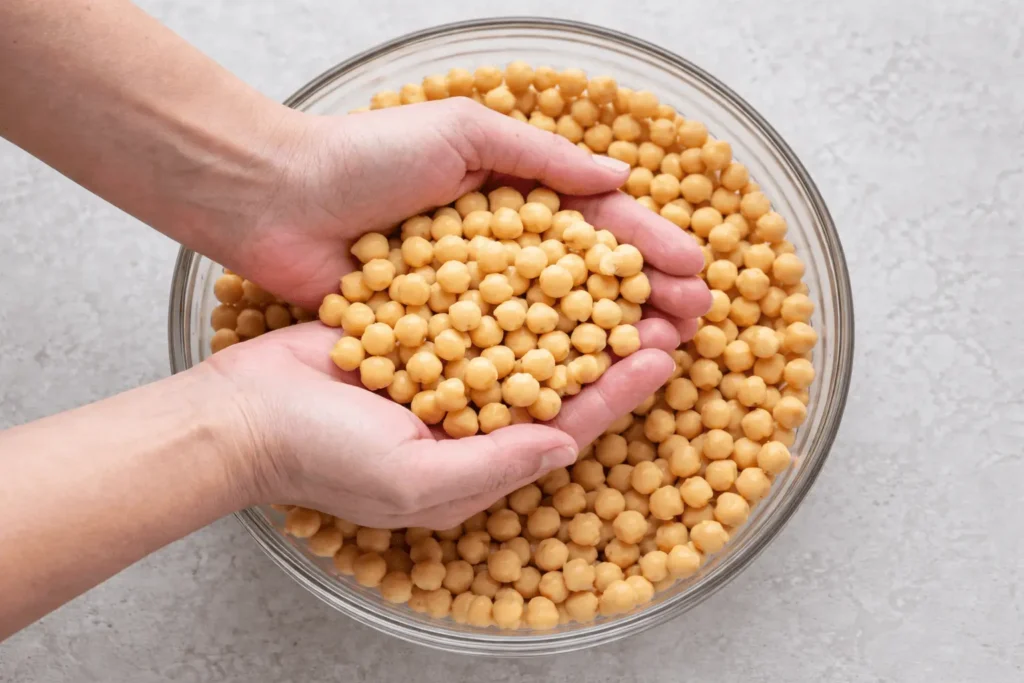 Zwei Hände halten eingeweichte Kichererbsen über einer Glasschüssel, bereit zur Zubereitung von Falafel im Airfryer