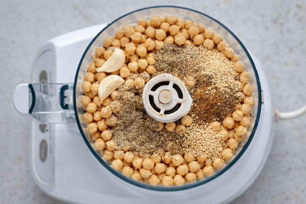 Falafel-Zutaten im Foodprocessor: Kichererbsen, Knoblauch, Sesam und Gewürze, bereit für den Airfryer