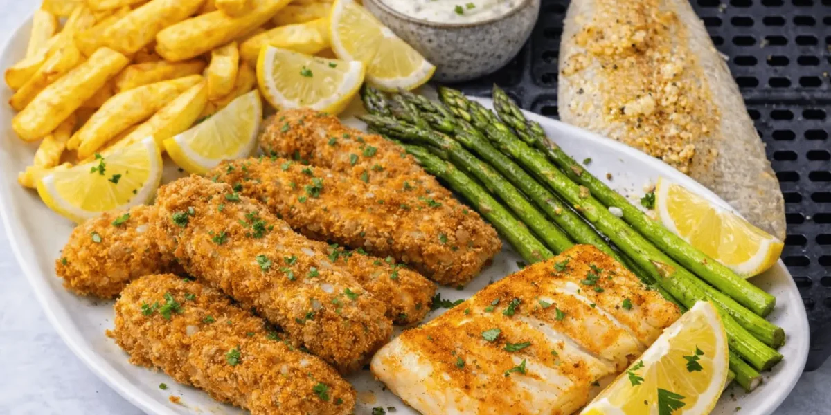 Fisch im Airfryer Drei leckere Fischgerichte aus dem Airfryer: knusprige Fischstäbchen mit Pommes, gegrillter Fisch auf Airfryer-Tray und würzige Fischfilets mit Spargel und Zitronenscheiben.