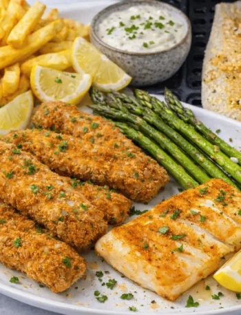 Fisch im Airfryer Drei leckere Fischgerichte aus dem Airfryer: knusprige Fischstäbchen mit Pommes, gegrillter Fisch auf Airfryer-Tray und würzige Fischfilets mit Spargel und Zitronenscheiben.