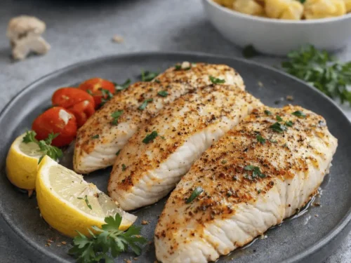 Saftiges Fischfilet aus der Heißluftfritteuse mit Zitrone und Kräutern auf einem Teller