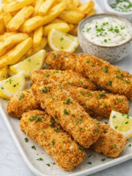 Knusprige Fischstäbchen mit Pommes, Zitronenspalten und Kräuter-Dip auf einem weißen Teller serviert.