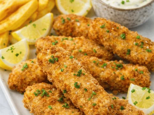 Knusprige Fischstäbchen mit Pommes, Zitronenspalten und Kräuter-Dip auf einem weißen Teller serviert.