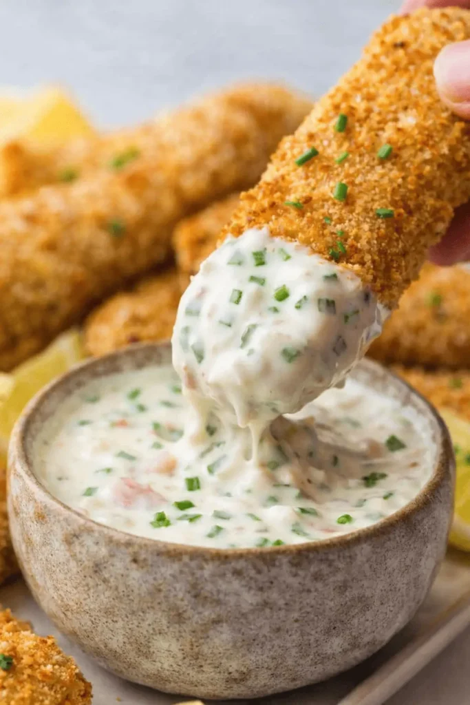 Nahaufnahme eines knusprigen Fischstäbchens im Airfryer, das in eine cremige Kräutersauce getaucht wird.