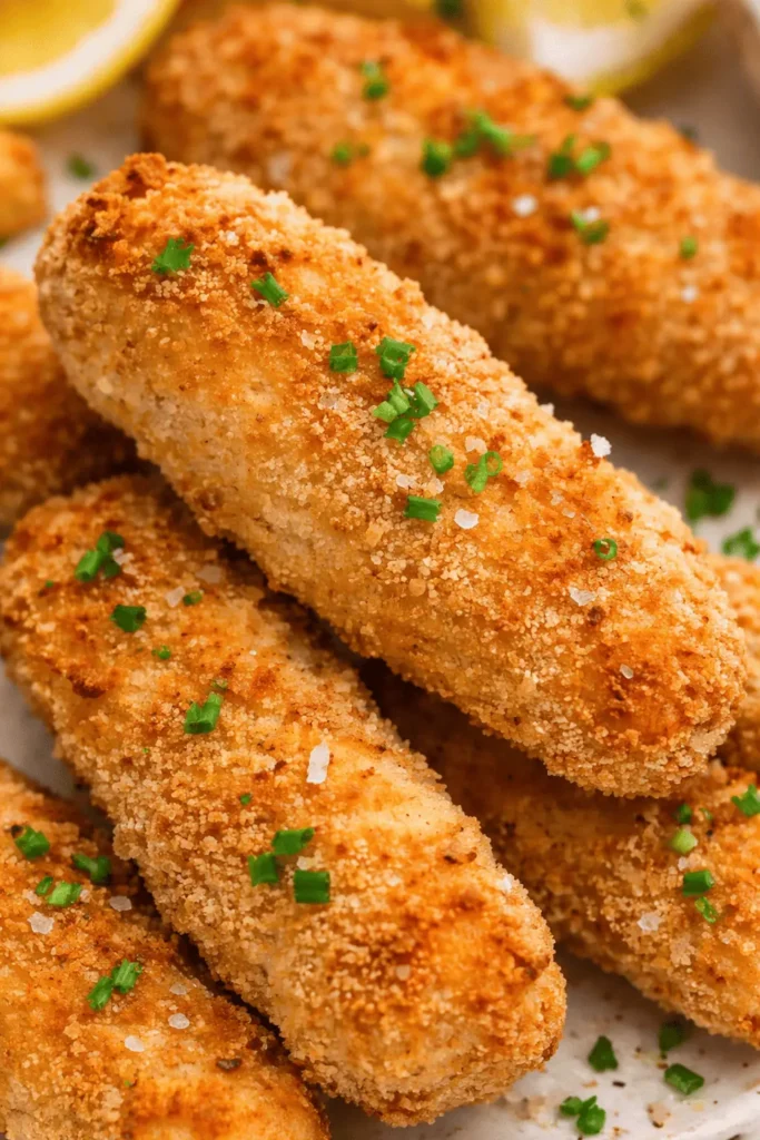 Nahaufnahme von knusprigen Fischstäbchen im Airfryer, garniert mit frischen Kräutern und grobem Salz.